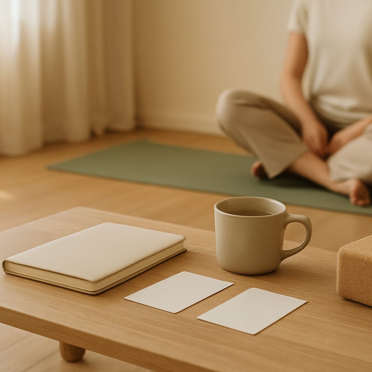 Ruhige Kurswahl-Szene mit Yogamatte, blanken Karten und Notizbuch als Bild für Yoga Präventionskurs.