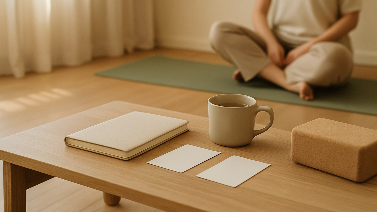 Ruhige Kurswahl-Szene mit Yogamatte, blanken Karten und Notizbuch als Bild für Yoga Präventionskurs.