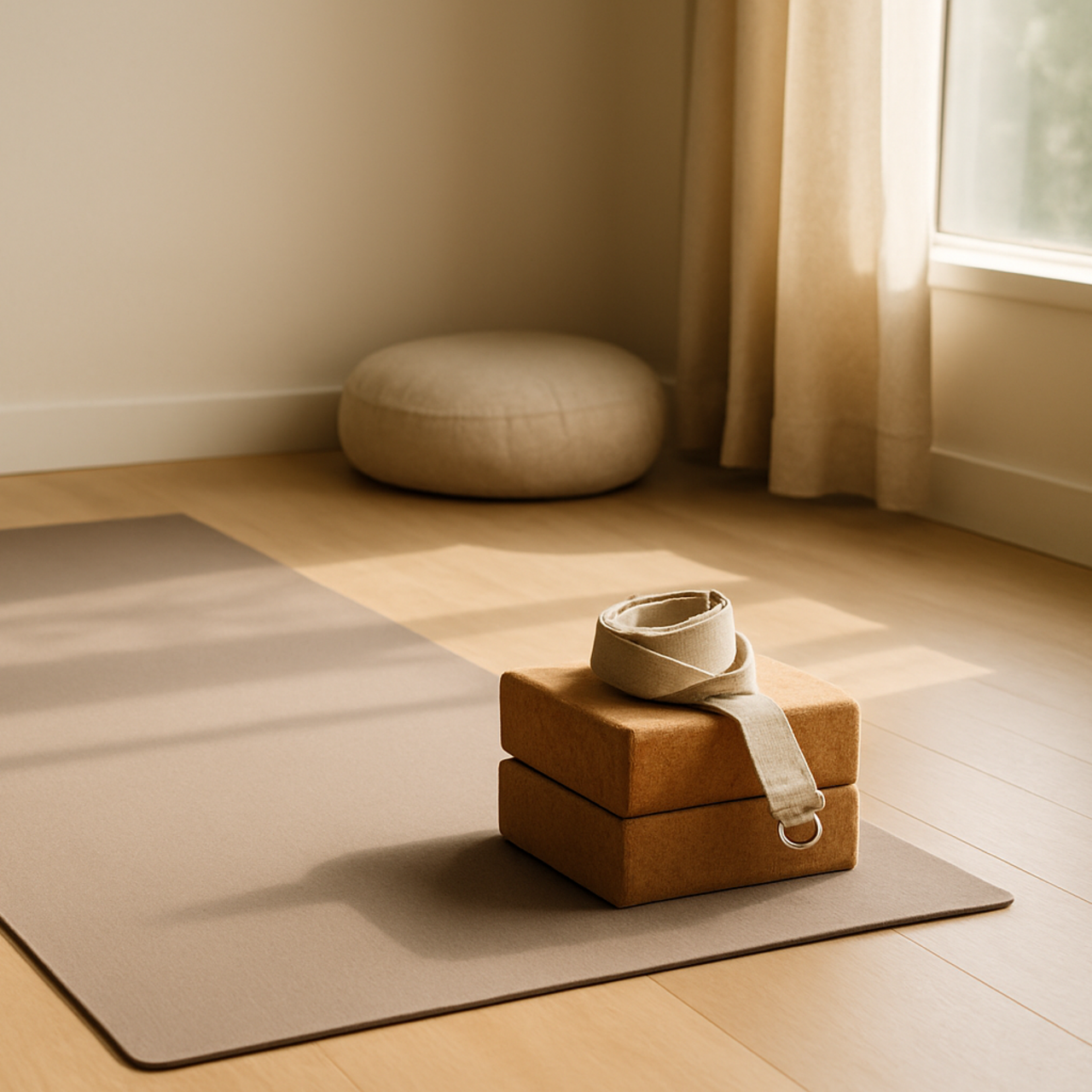 Ruhiger sicherer Yoga-Ort mit Matte, Kissen und Blöcken für Tiefenentspannung zuhause.