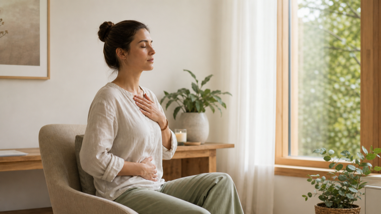Ruhige Atemübung am Fenster als stiller Anker gegen Stress.