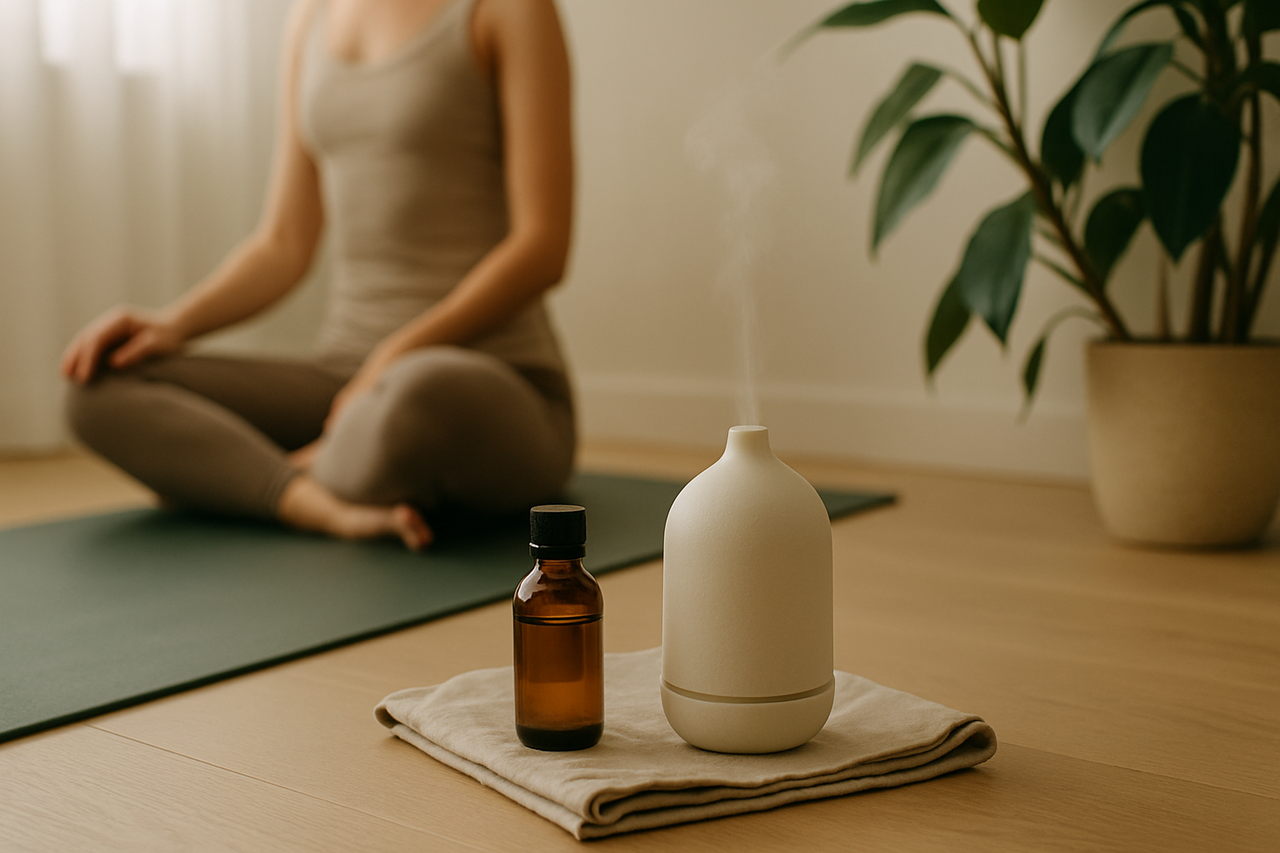 Ruhiges AROMA.yoga Contentbild zum Thema Ätherische Öle und Yoga sinnvoll verbinden.