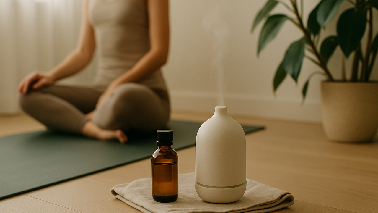 Ruhiges AROMA.yoga Contentbild zum Thema Ätherische Öle und Yoga sinnvoll verbinden.