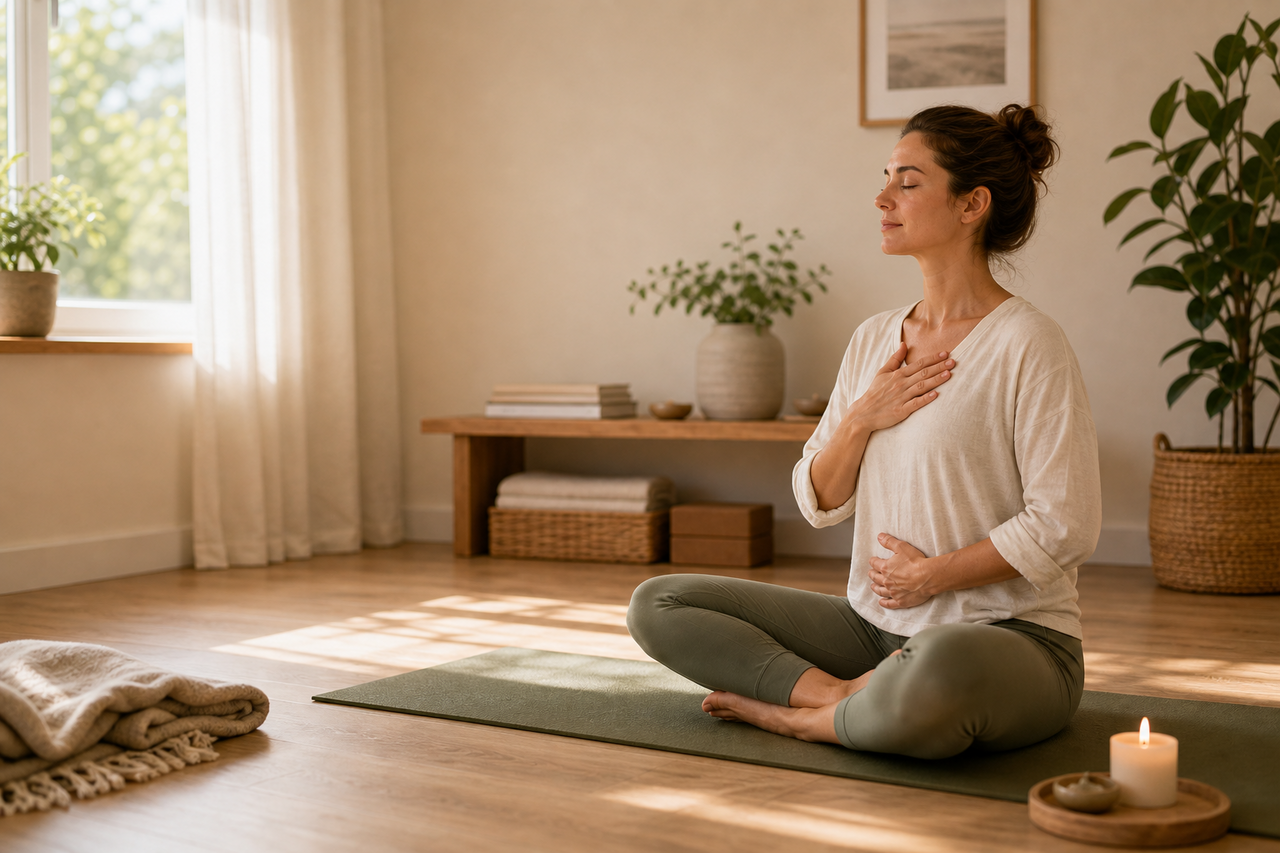 Sanfte Selbstregulation im Sitzen mit bewusster Atmung als Hero für Yoga gegen Stress.