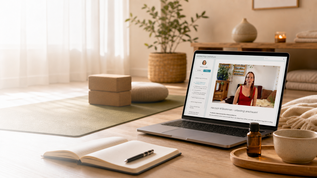 Ruhiger Kursüberblick zuhause mit Laptop, Notizbuch und Yogasetup für die Orientierung zum Yoga Präventionskurs.