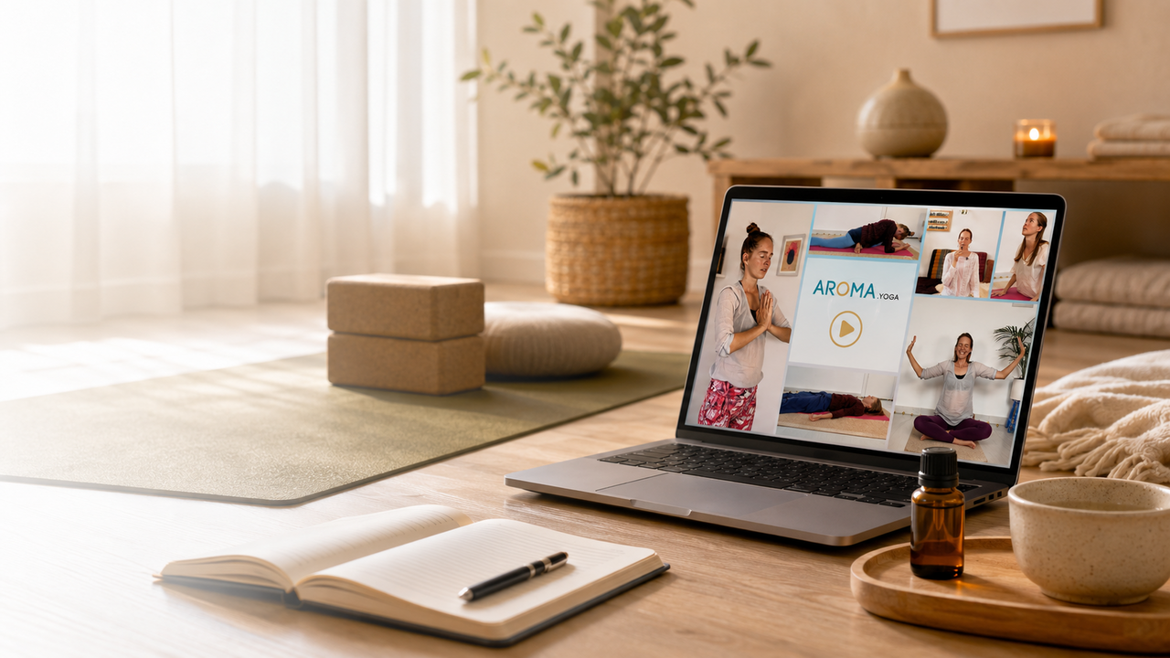 Laptop, Notizbuch und ruhige Praxisumgebung als Hero für den AROMA.yoga Onlinekurs zuhause.