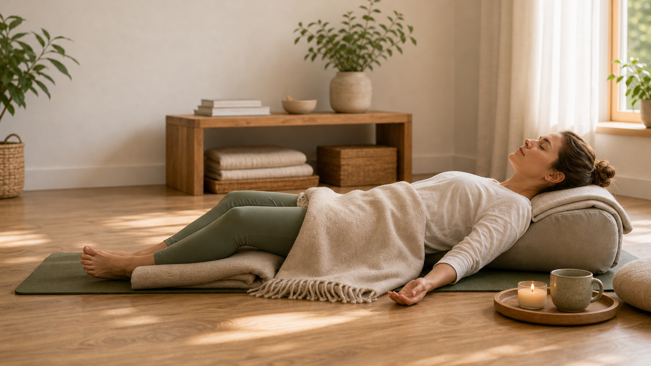 Gestützte liegende Ruhepose mit Decke als Hero für Tiefenentspannung Yoga zuhause.
