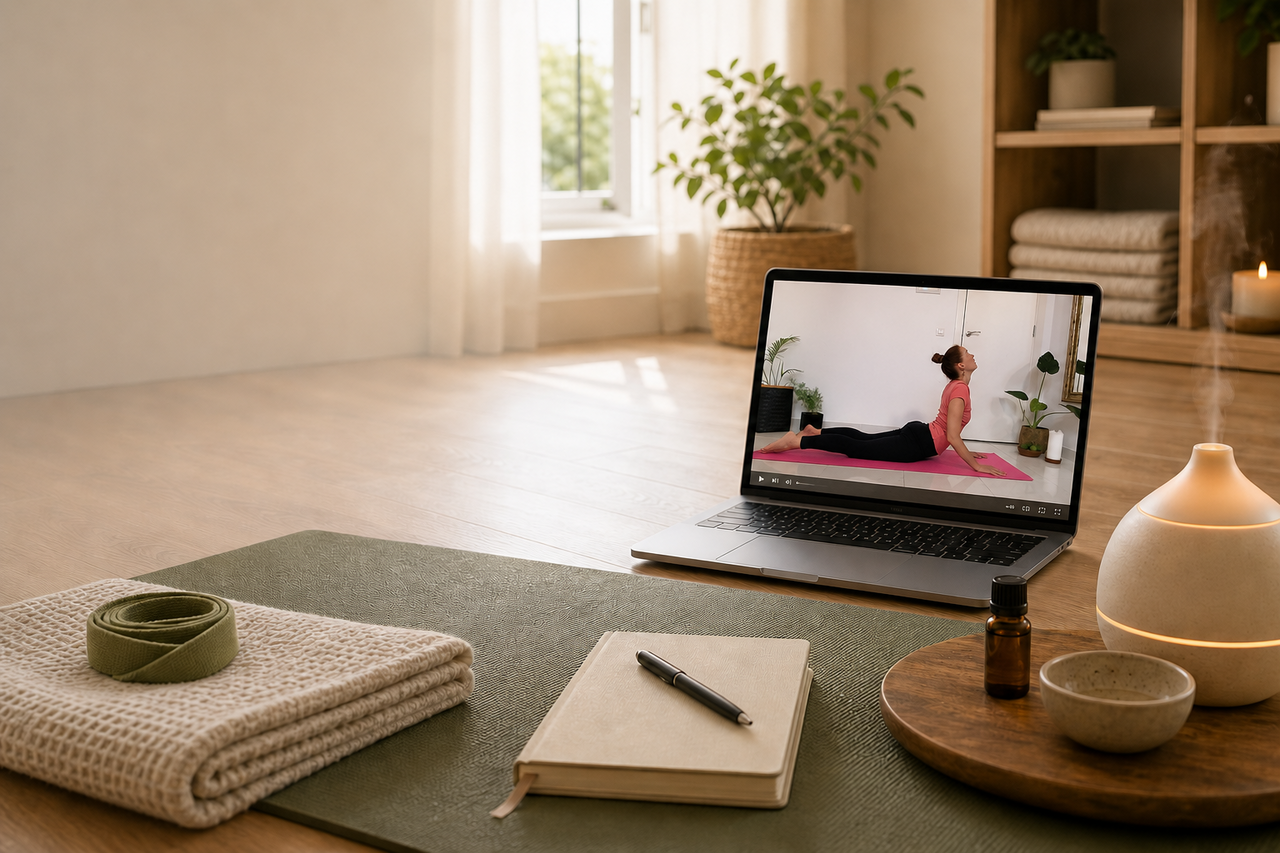 Laptop mit sanfter Yogaeinheit im ruhigen Zuhause-Setup als Hero für den Yoga Onlinekurs für Anfänger.