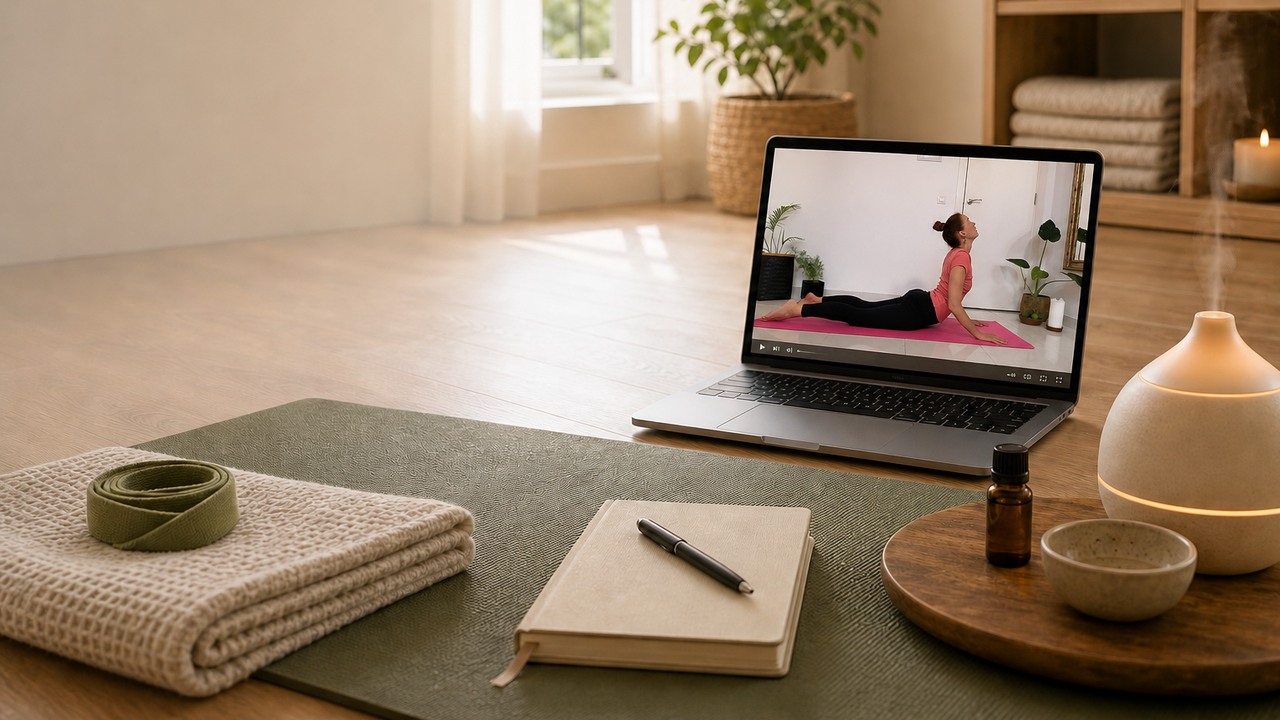 Laptop mit sanfter Yogaeinheit im ruhigen Zuhause-Setup als Hero für den Yoga Onlinekurs für Anfänger.